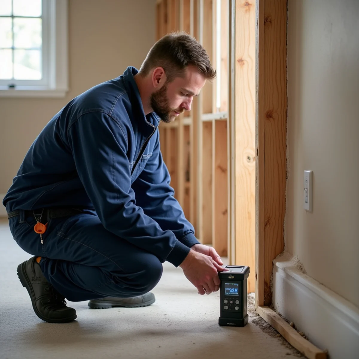Restoration technician verifying materials against a documented dry standard in Fullerton