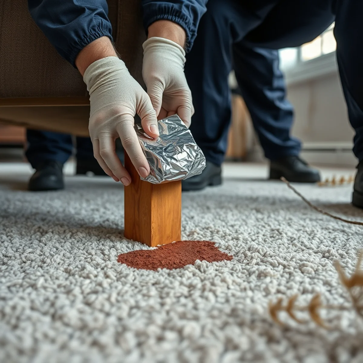 Placing foil under furniture legs to protect wet carpet