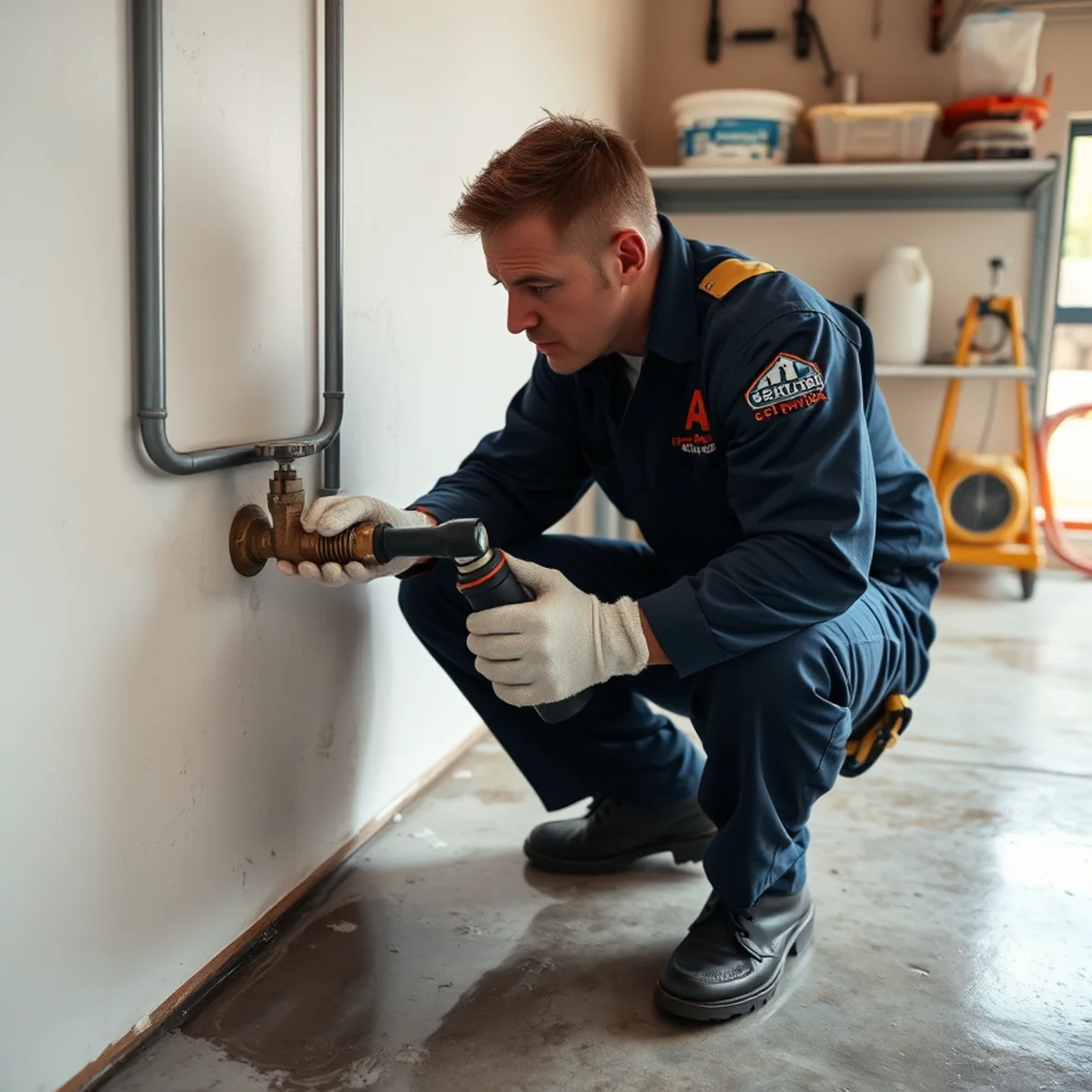 Homeowner shutting off the main water valve after a burst pipe in a Fullerton, CA home