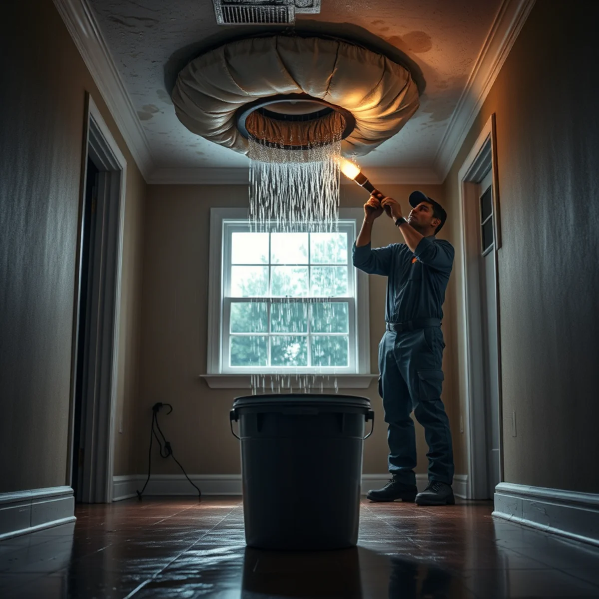 Water stained and bulging ceiling during a rainstorm in a Fullerton, CA home
