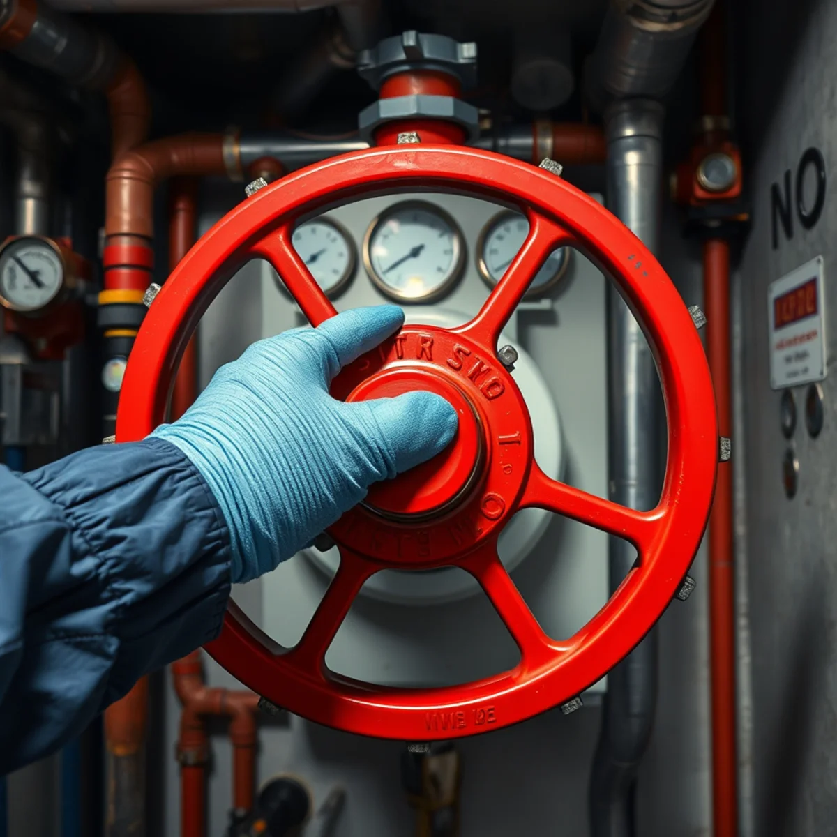 Closing the water or sprinkler control valve in a commercial building