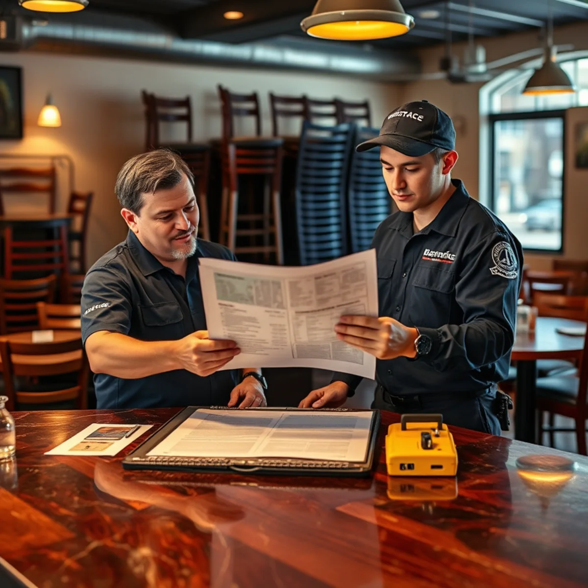 Water damage restoration crew working overnight in a Downtown Fullerton, CA restaurant