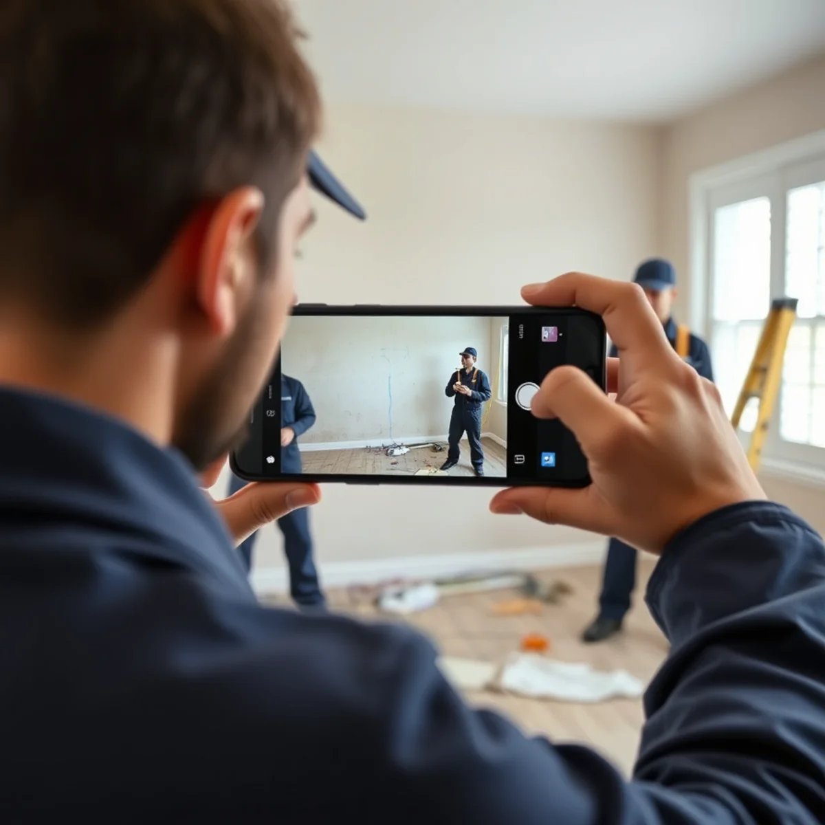 Homeowner photographing water damage for an insurance claim in a Fullerton, CA home