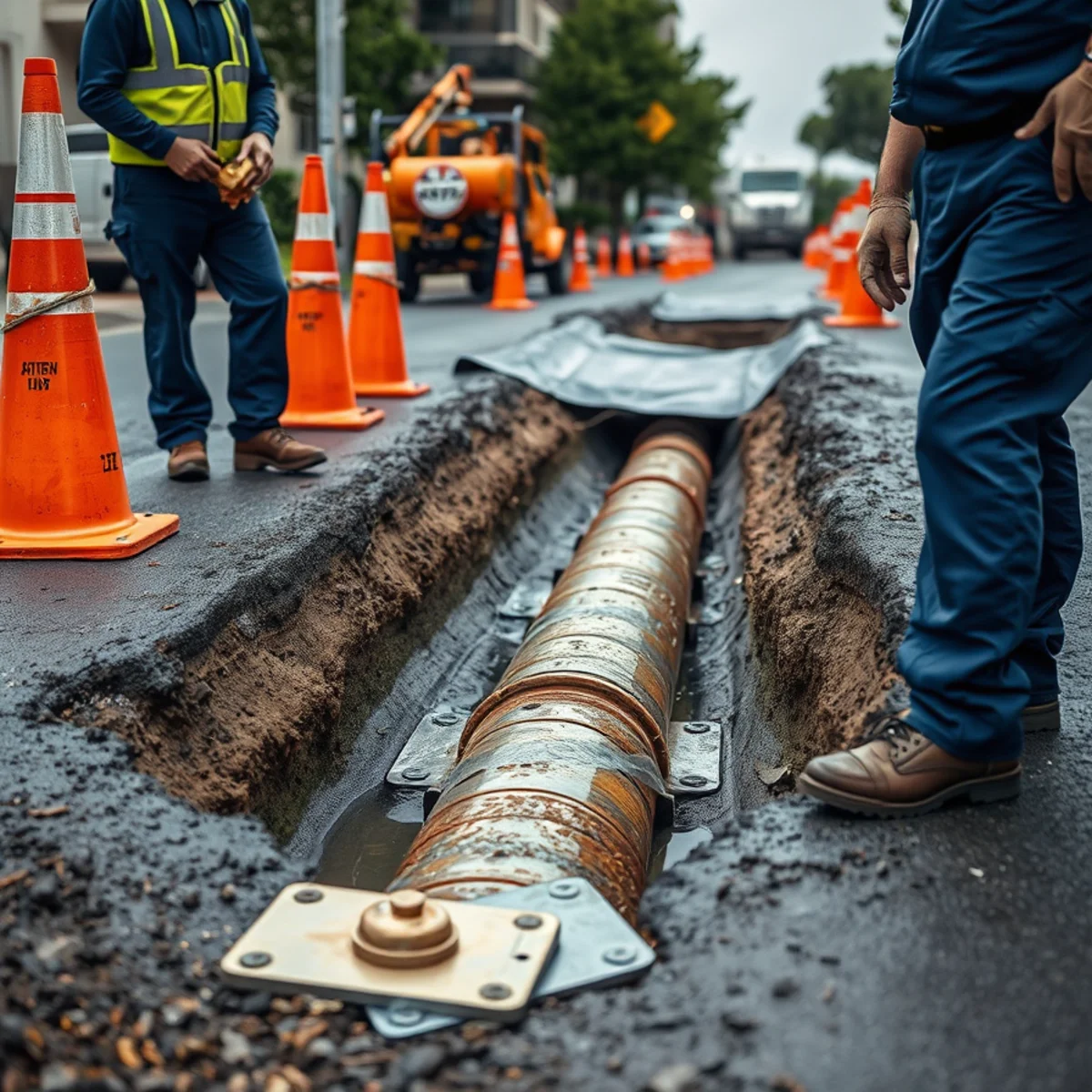 Street excavation for a water main repair in Fullerton, CA