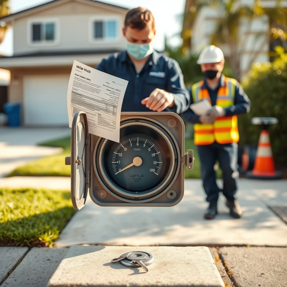 Reading a residential water meter to check for a hidden leak in Fullerton, CA