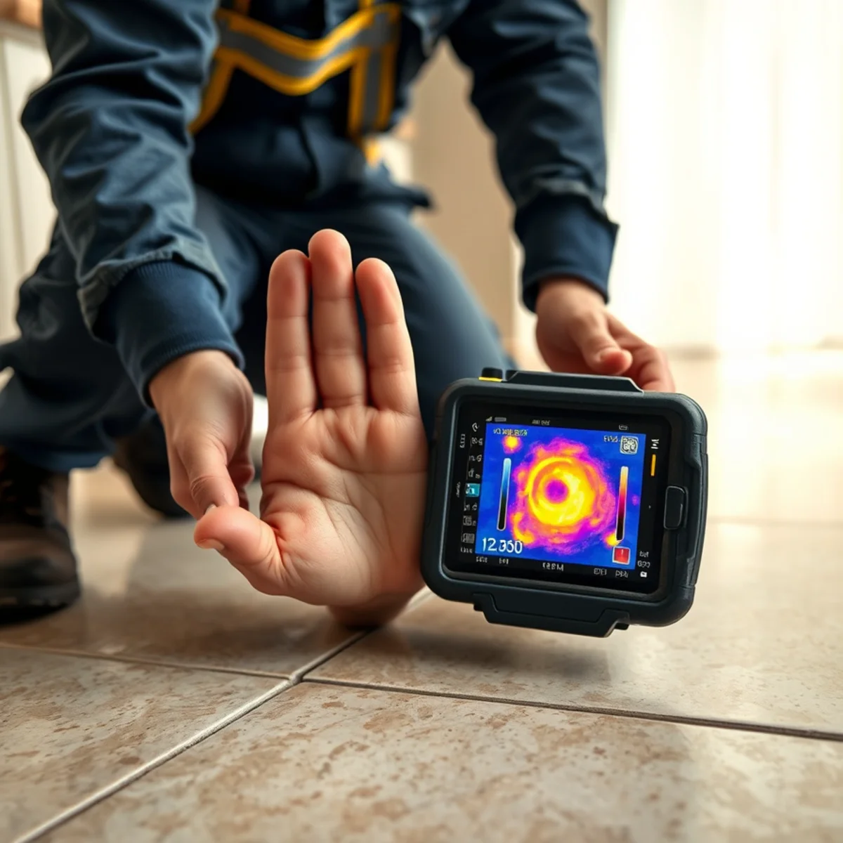 A warm spot on a slab floor from a hot water leak