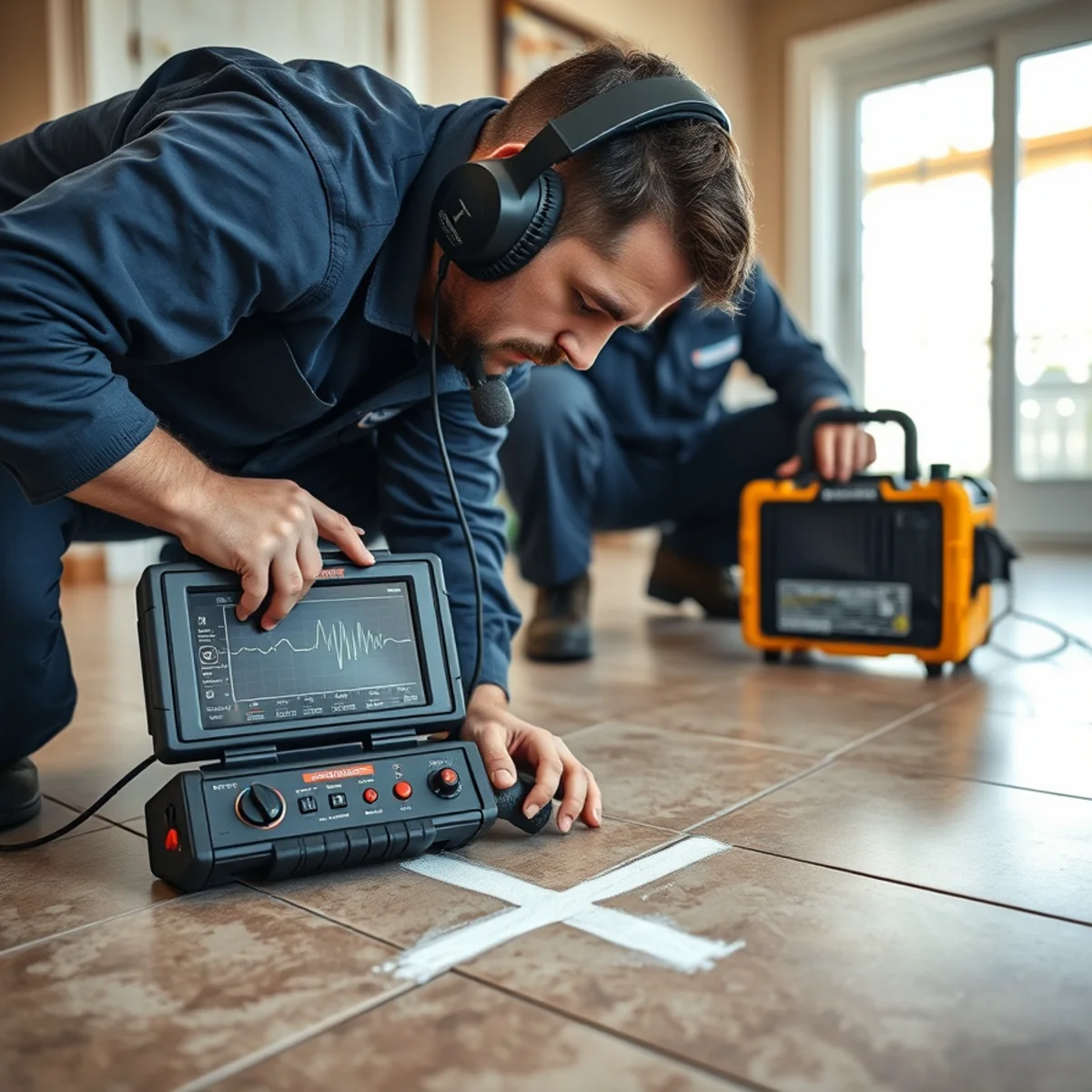 Acoustic leak detection equipment locating a slab leak in a Fullerton, CA home