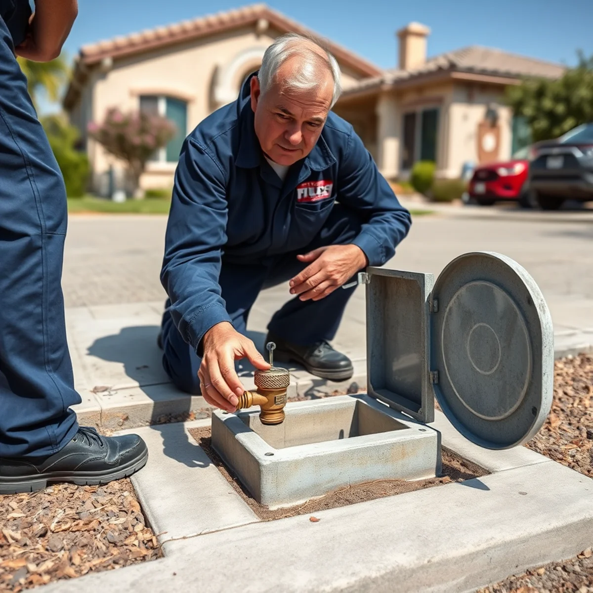 Main water shut-off valve on the exterior wall of a Fullerton, CA home