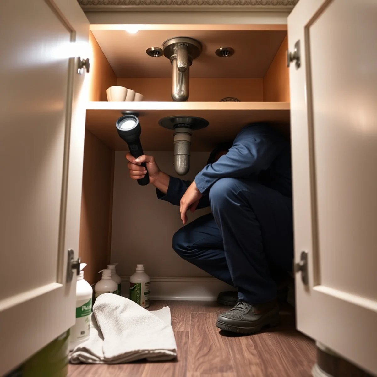 Checking the back corner of an under-sink cabinet for leaks