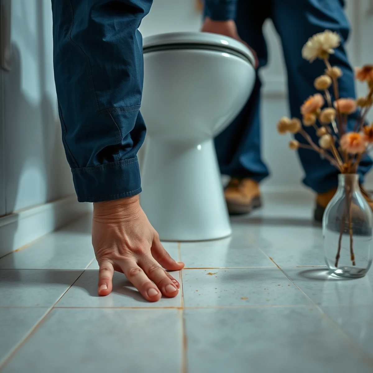 Testing the floor around a toilet base for sponginess
