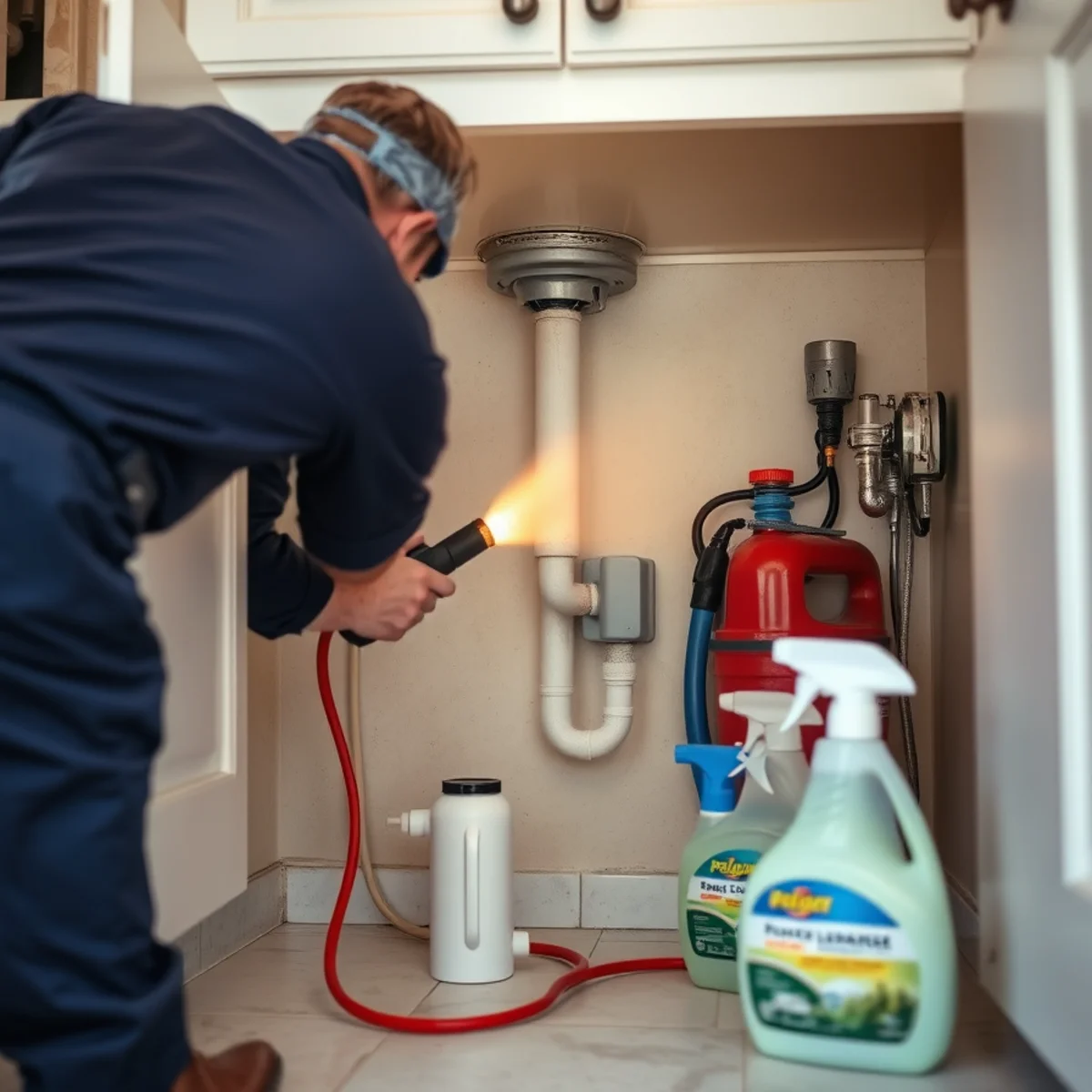 Homeowner checking under a sink for leaks during a monthly inspection