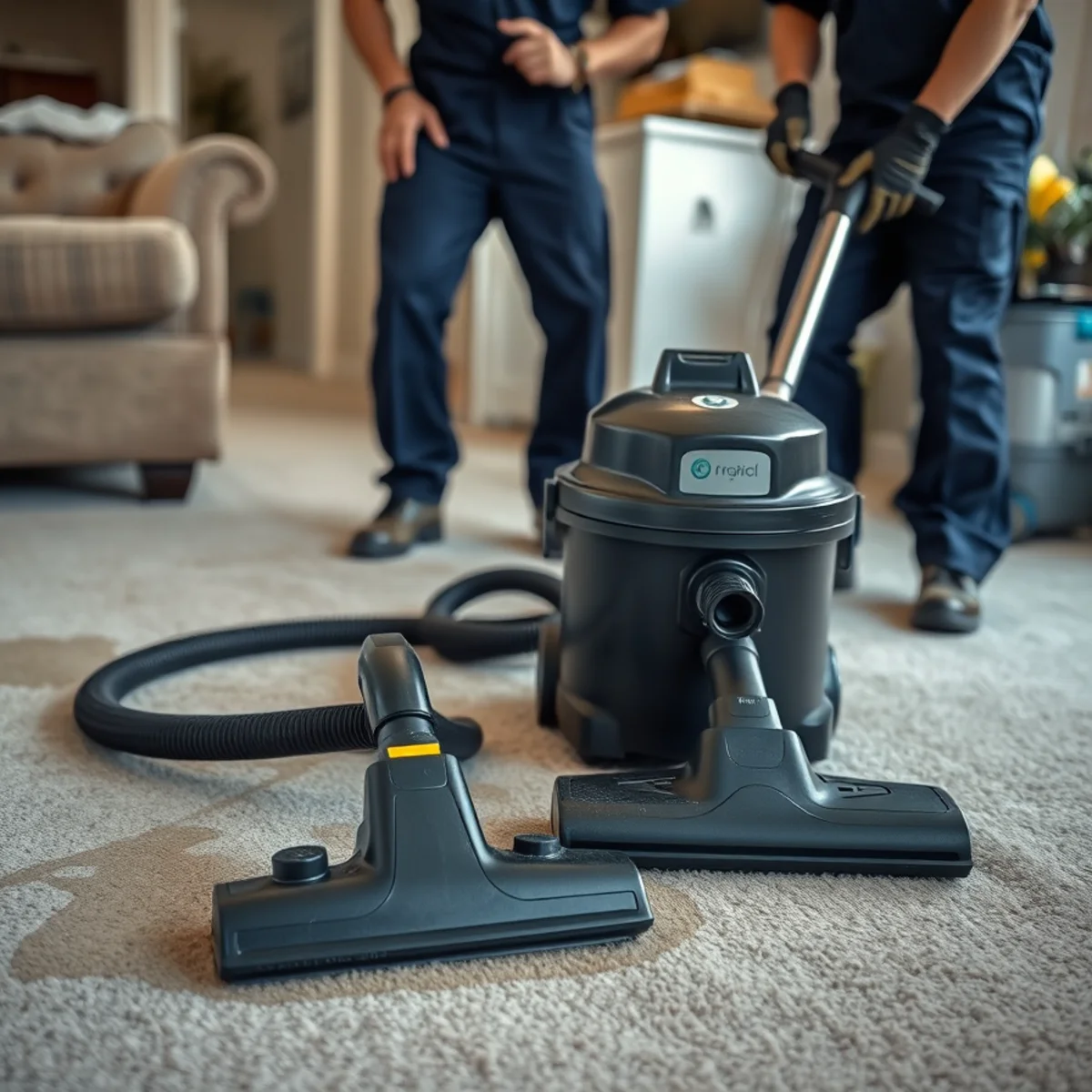 Weighted extraction head removing water from carpet and pad in a Fullerton, CA home