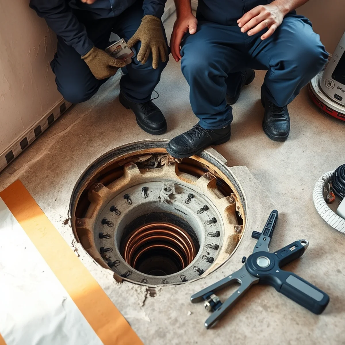 Concrete access opening for a slab leak repair in a Fullerton, CA home
