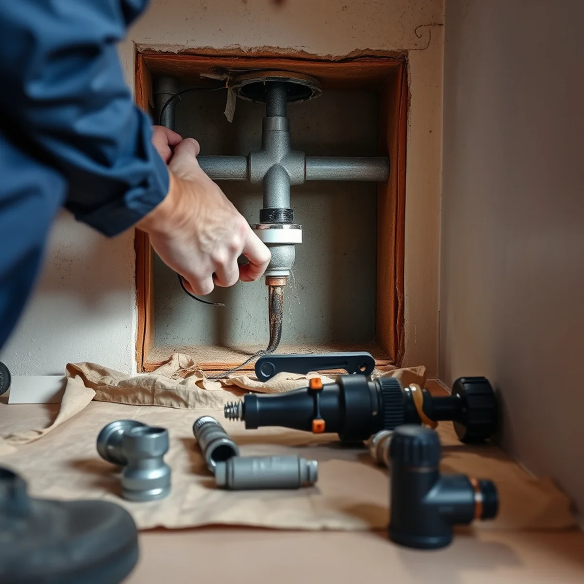 A plumber repairing the source of a water leak in a home
