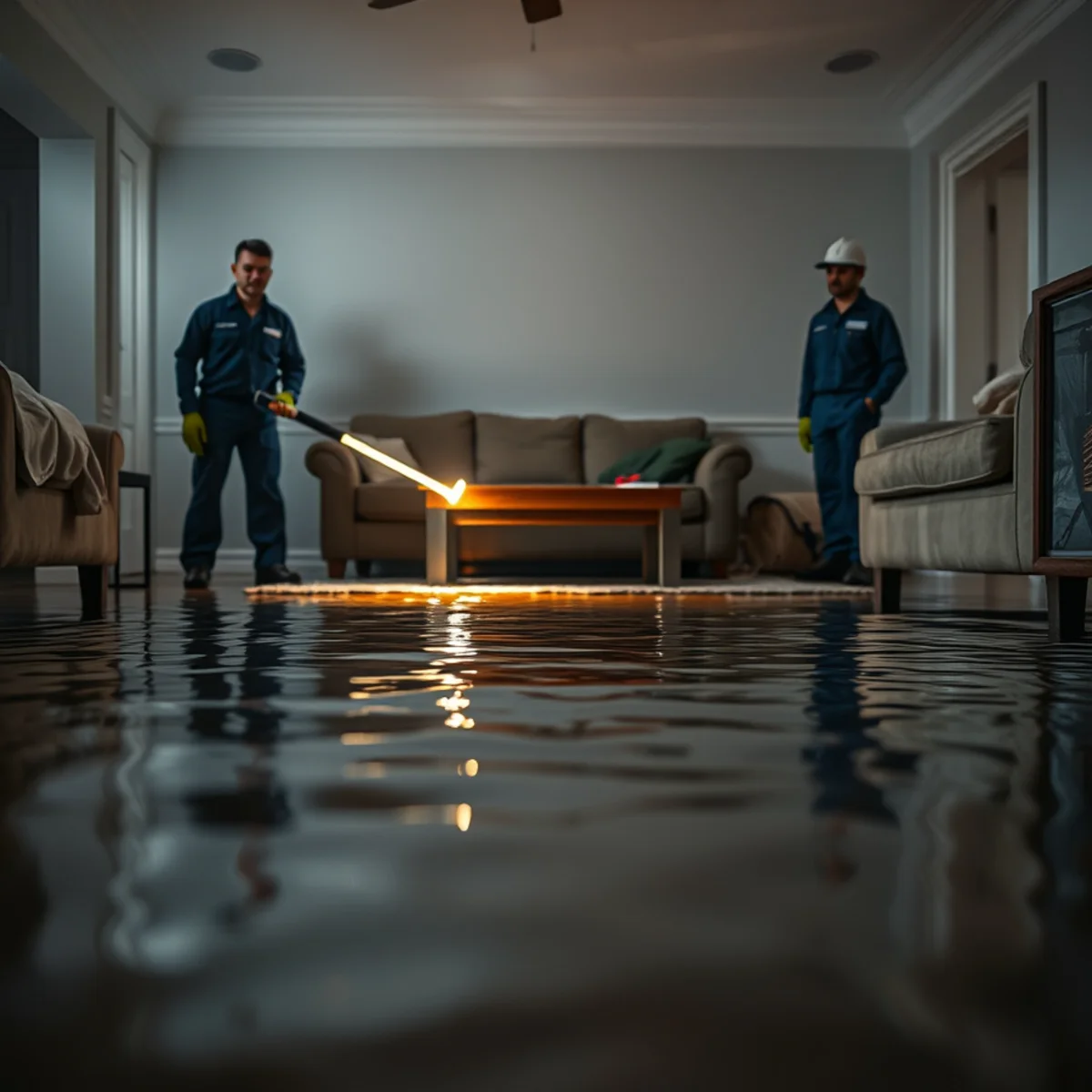 Standing water across the floor of a flooded Fullerton, CA home
