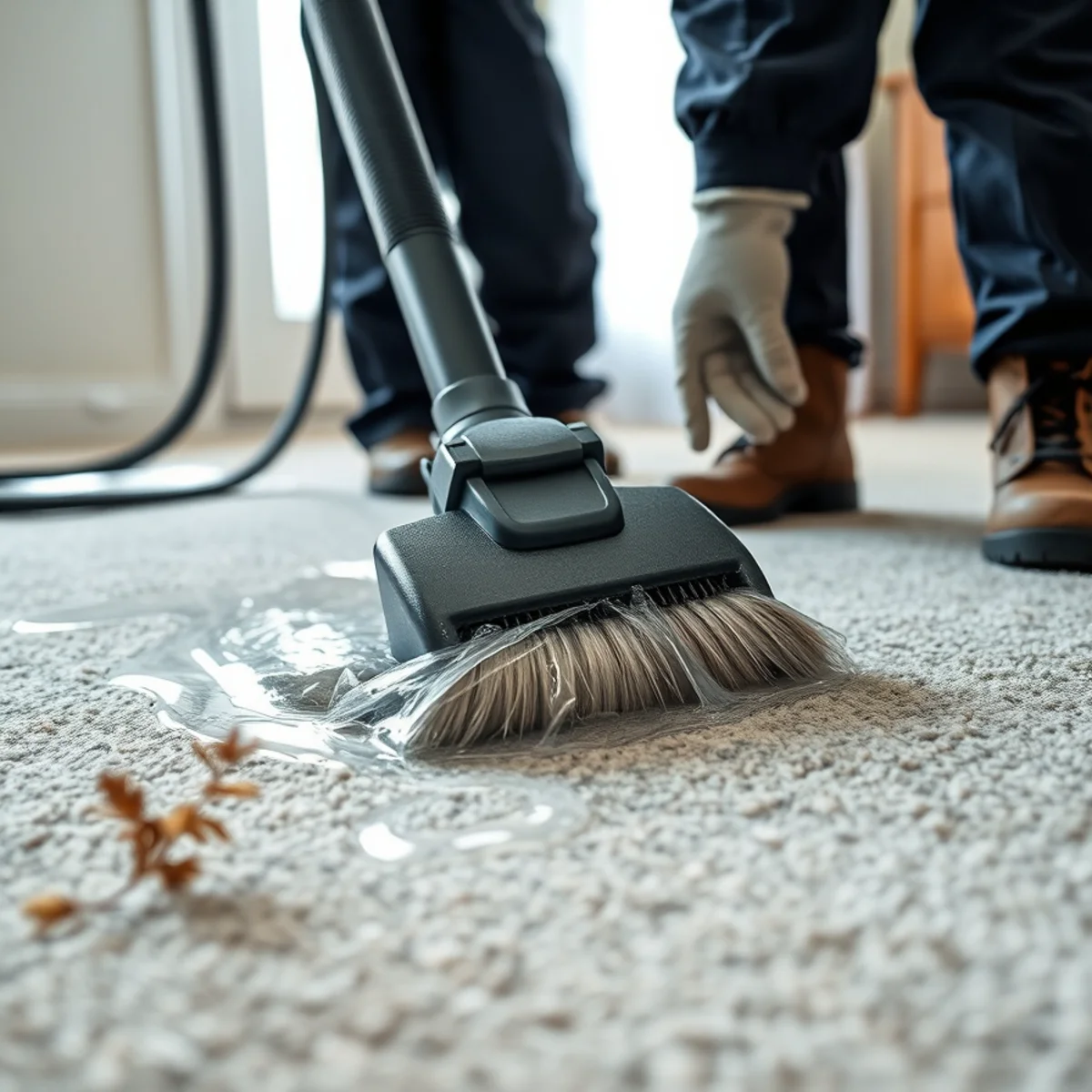 Professional extraction pulling water from carpet pad after a hose burst