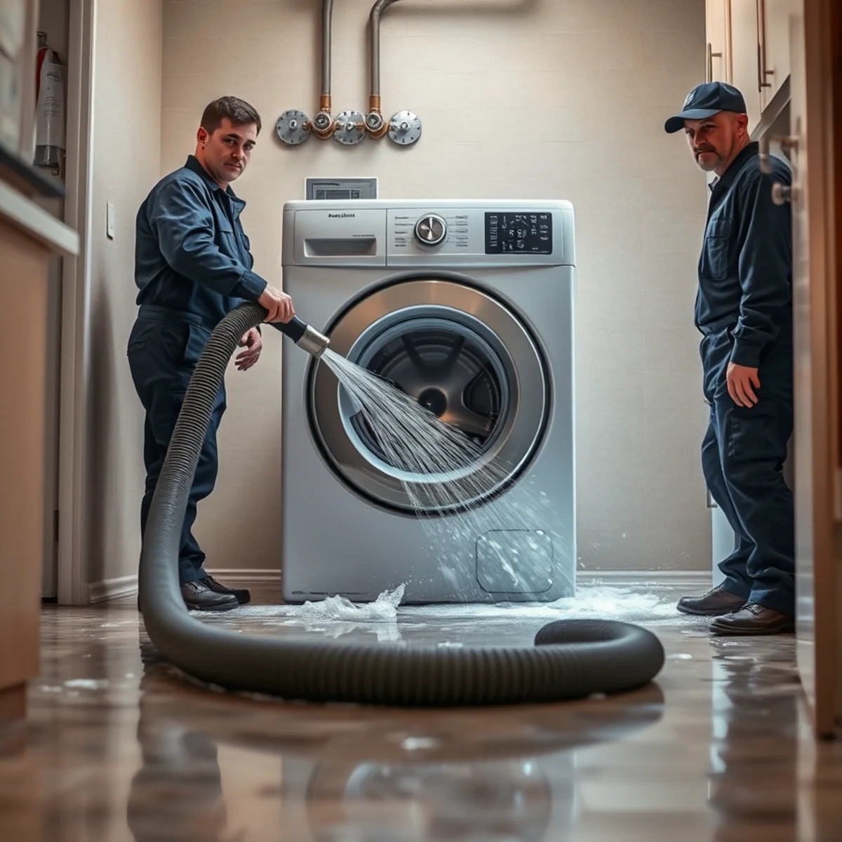 Burst washing machine supply hose flooding a laundry area in a Fullerton, CA home