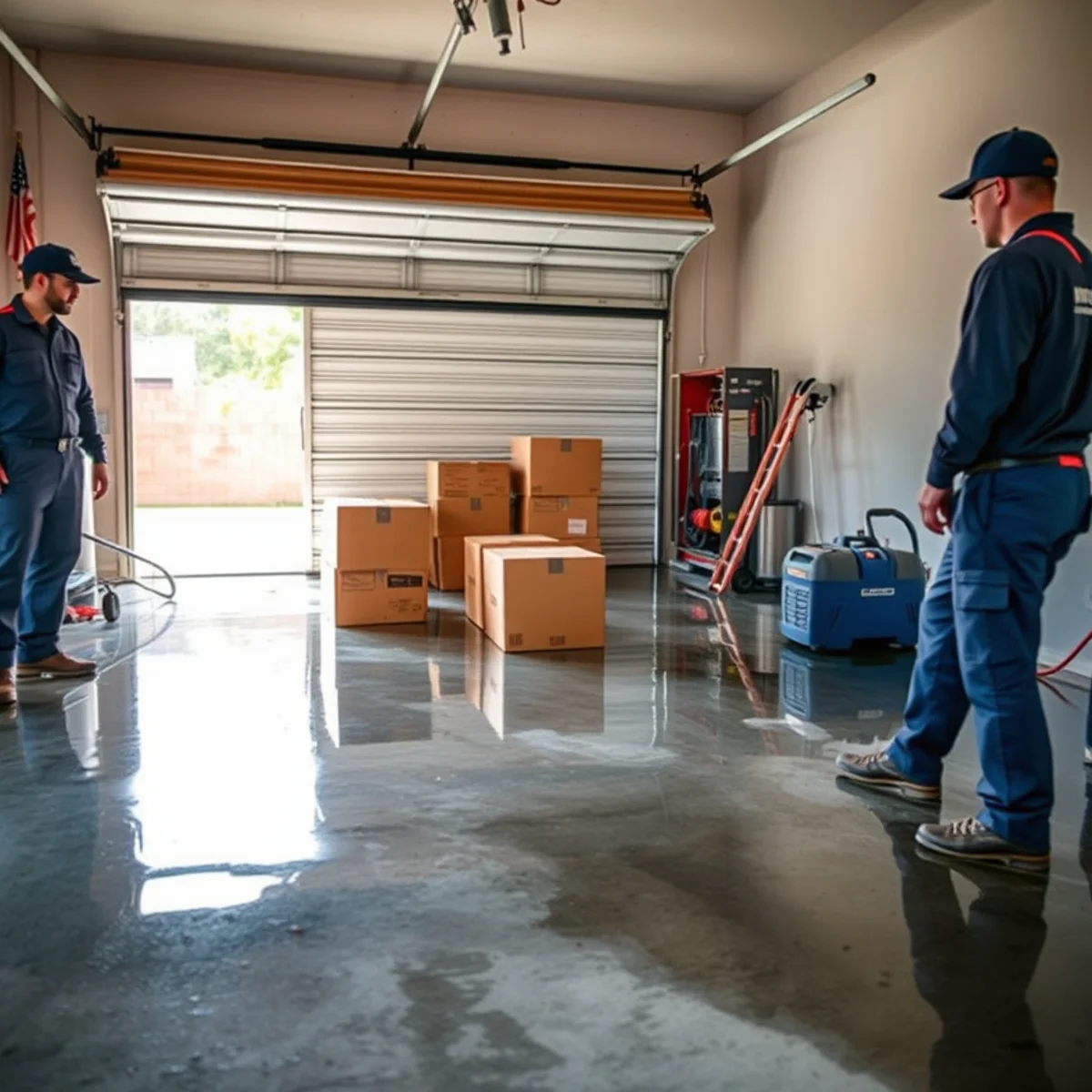 Flooded garage floor from a failed water heater in a Fullerton, CA home