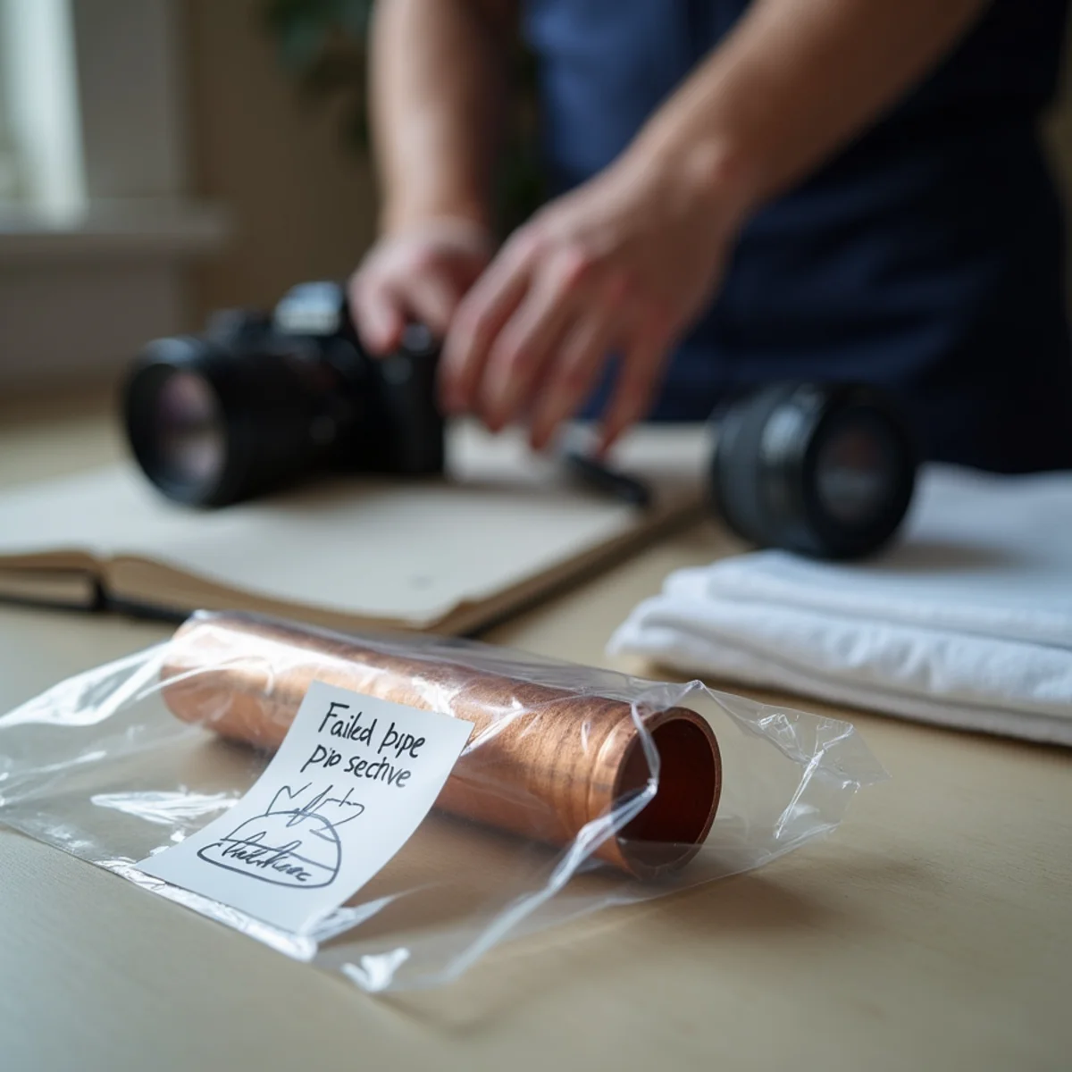 Failed pipe section bagged and labelled as claim evidence