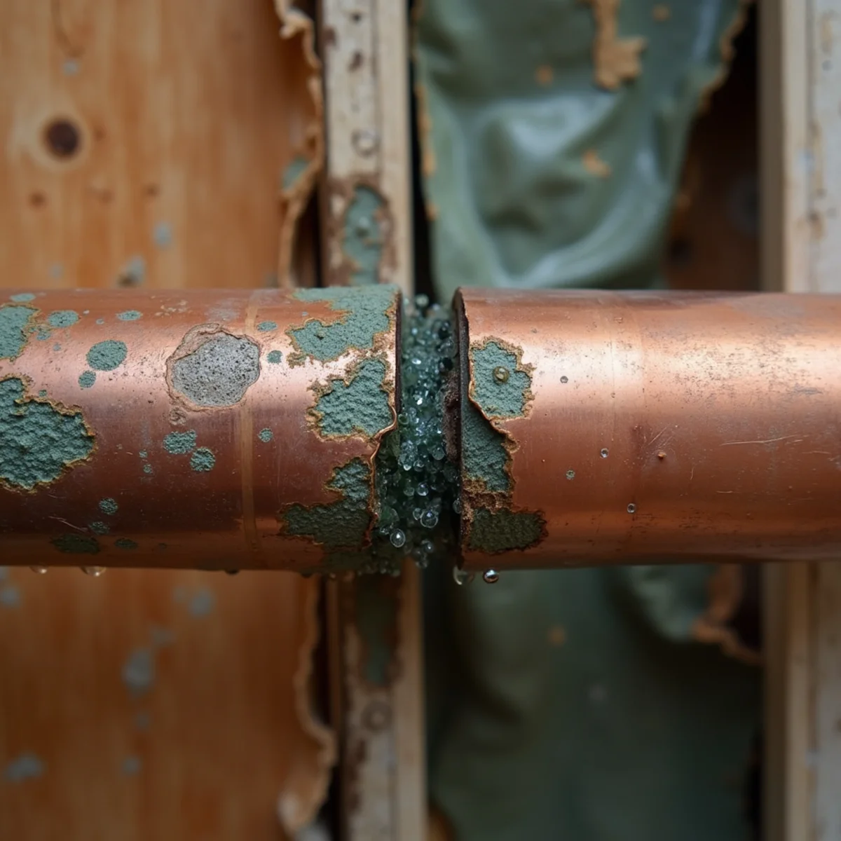 Split copper supply pipe that caused water damage in a Fullerton home