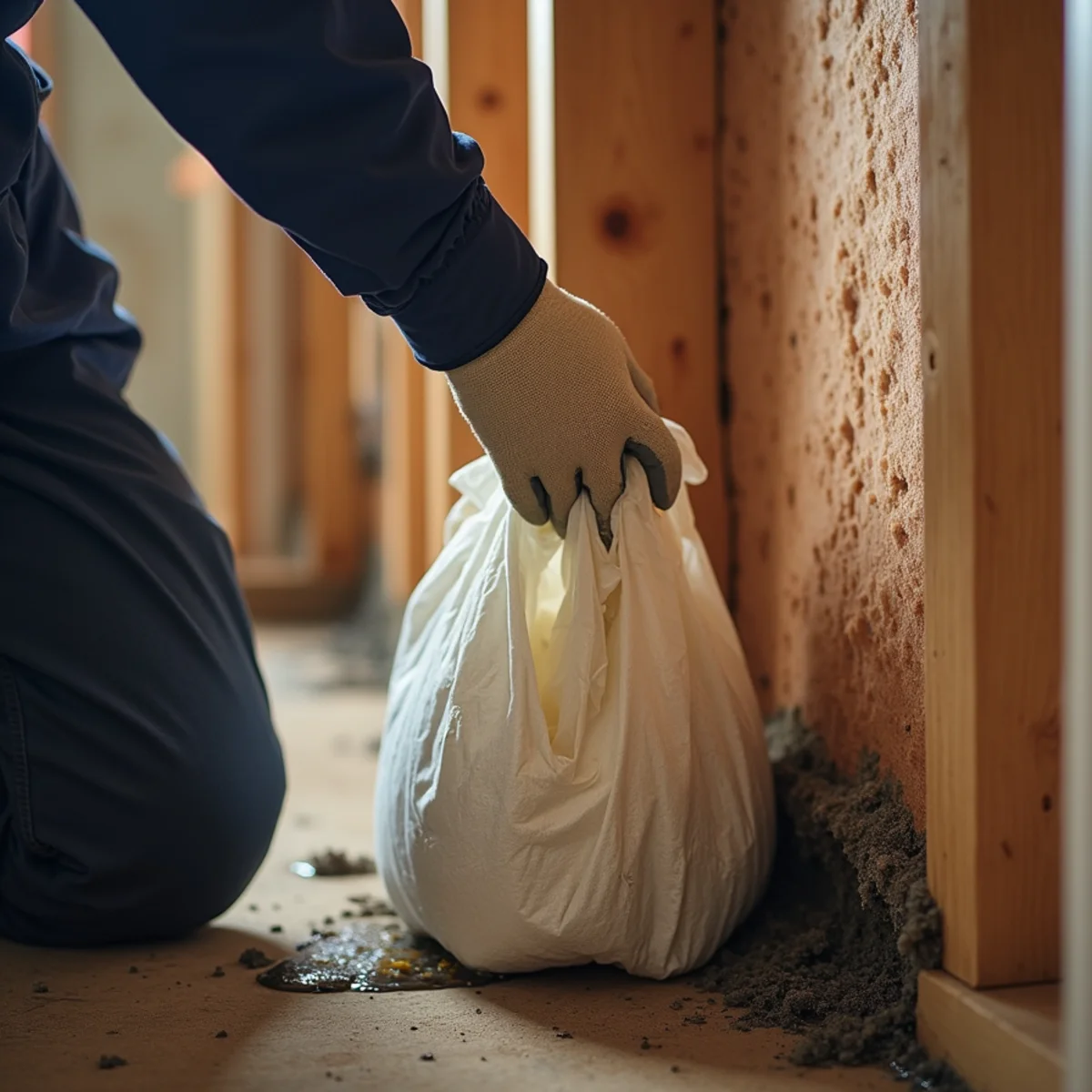 Removing saturated insulation from a wall cavity after a burst pipe in Fullerton