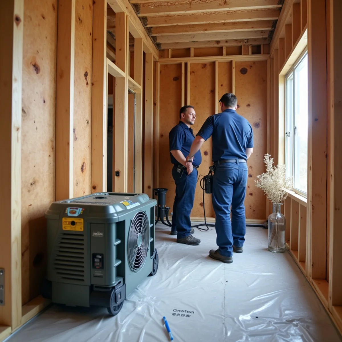 Drying an opened wall cavity after burst pipe cleanup in Fullerton, CA