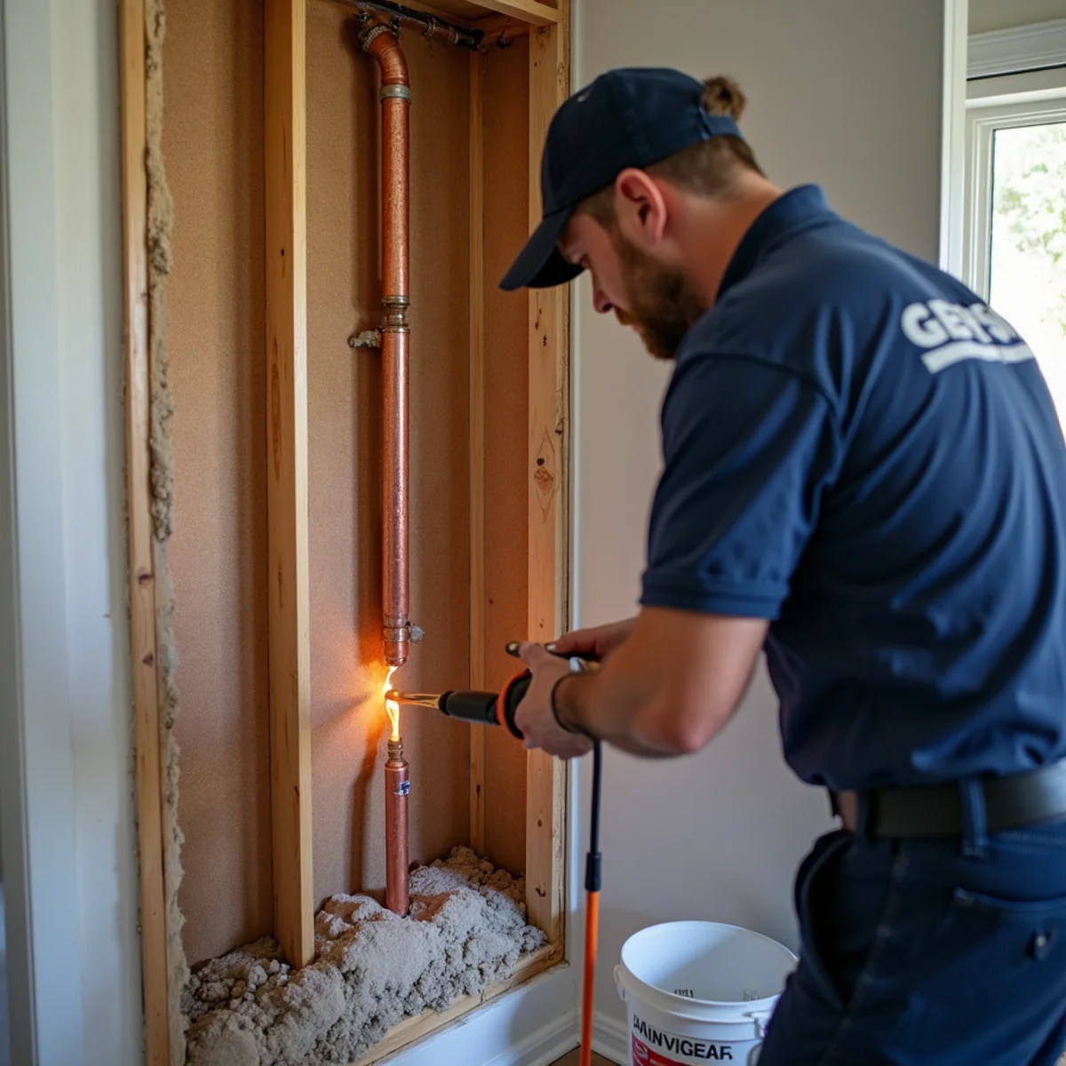 Burst copper pipe inside a wall cavity causing water damage in a Fullerton, CA home