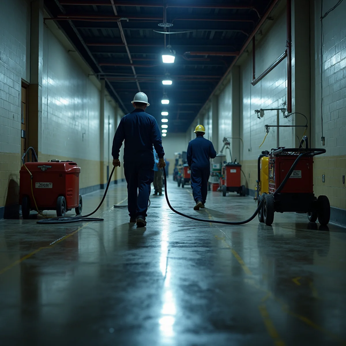 After-hours restoration crew working a commercial space