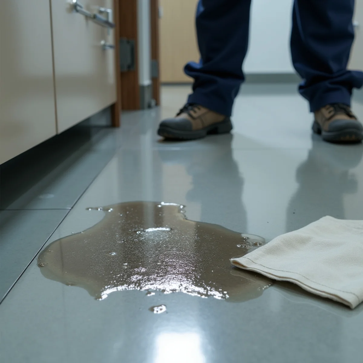 Dirty sprinkler water damage across a Fullerton commercial floor