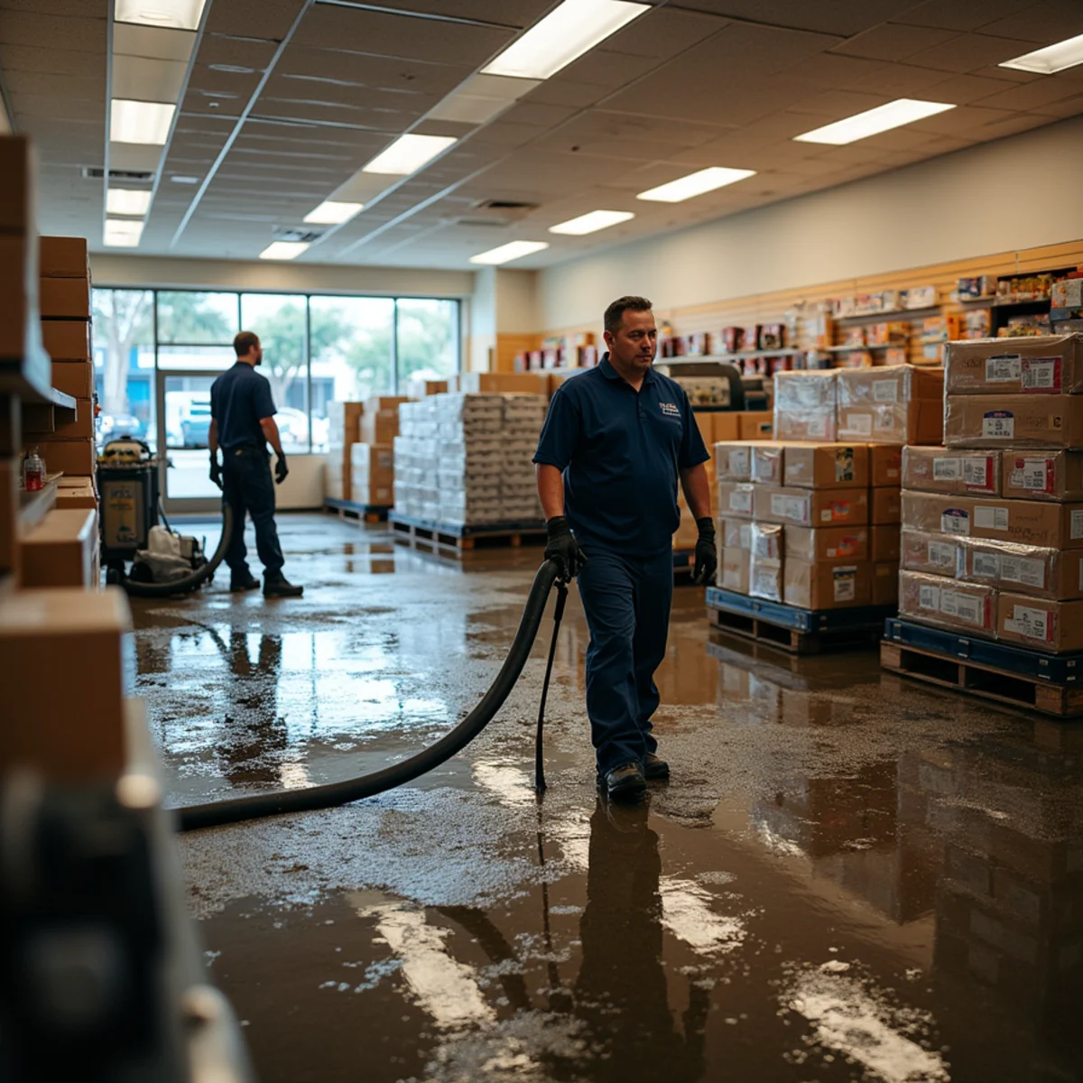 Commercial water damage restoration crew drying a flooded office in Fullerton, CA