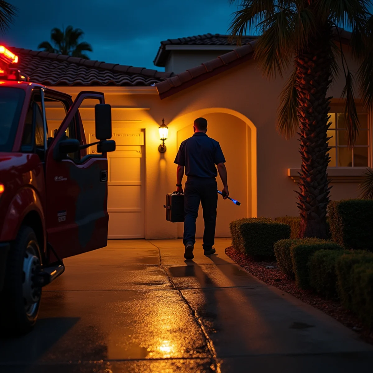 24/7 emergency water removal crew arriving at a Fullerton home at night