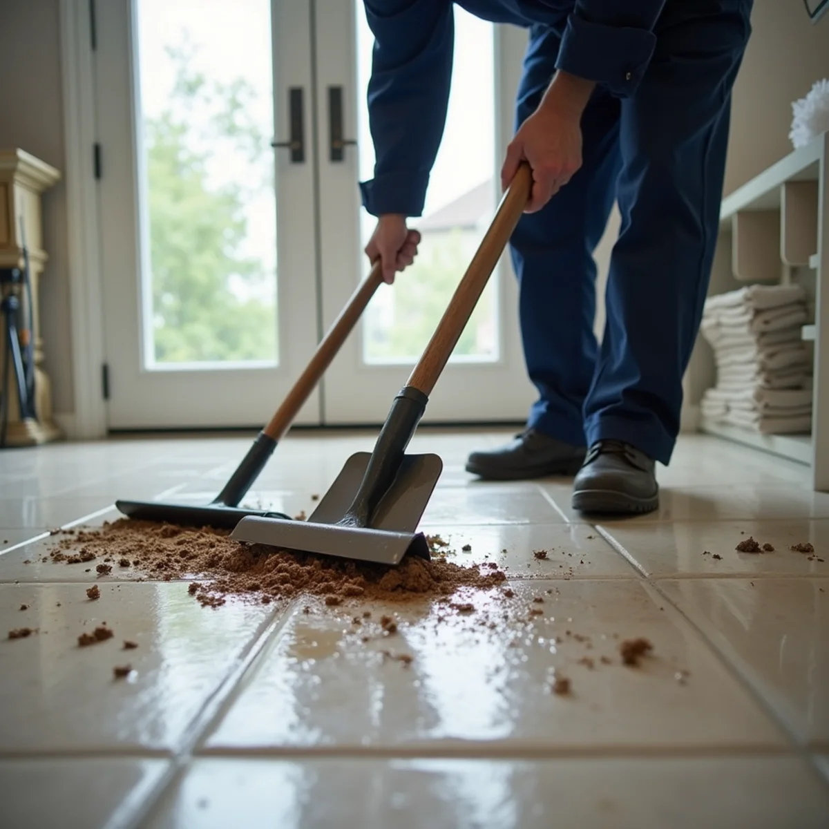 Removing silt and storm debris after flooding in a Fullerton, CA home