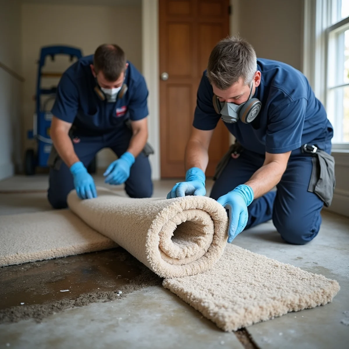 Removing flood-contaminated carpet and pad from a Fullerton home