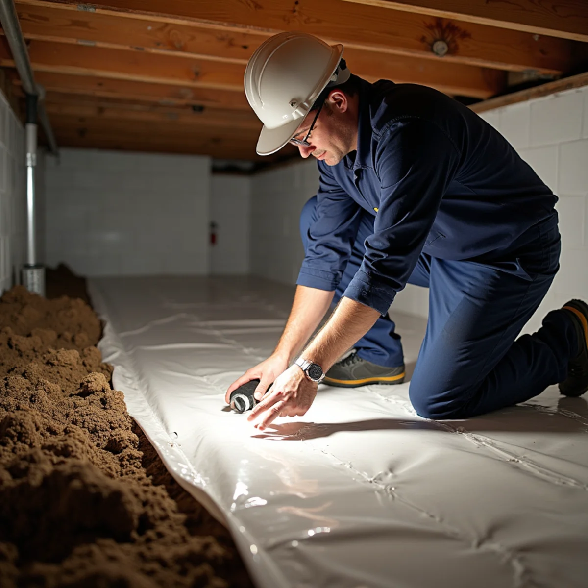 Vapor barrier being replaced in a dried crawl space