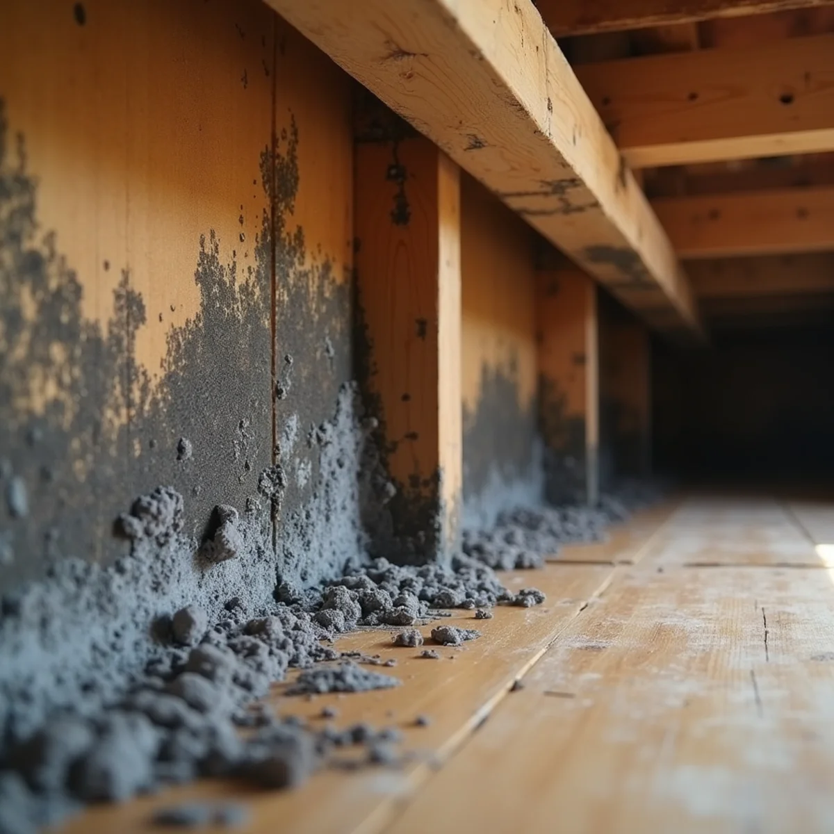 Mold growth on the underside of a subfloor in a Fullerton crawl space