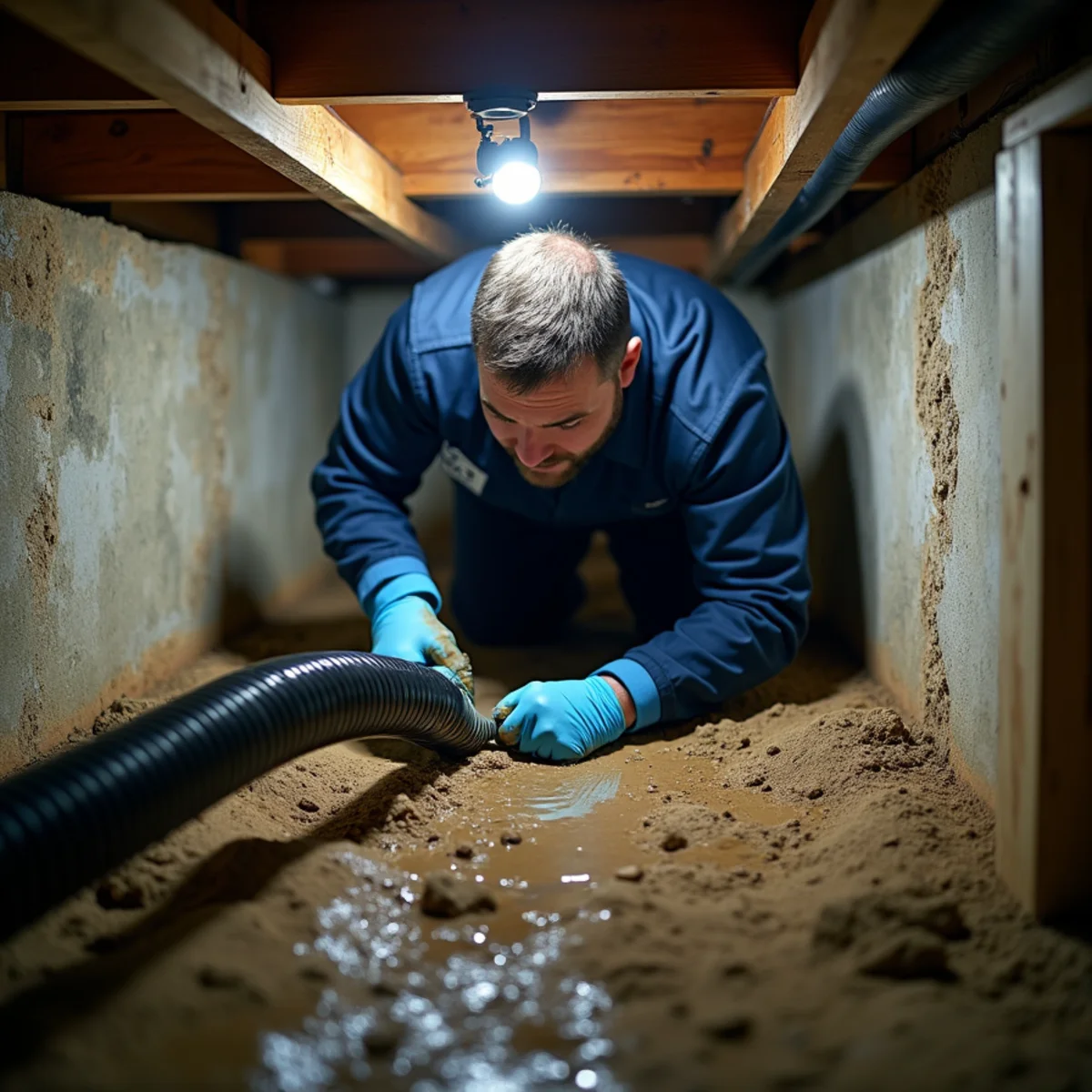 Technician pumping water out of a flooded crawl space beneath a Fullerton, CA home