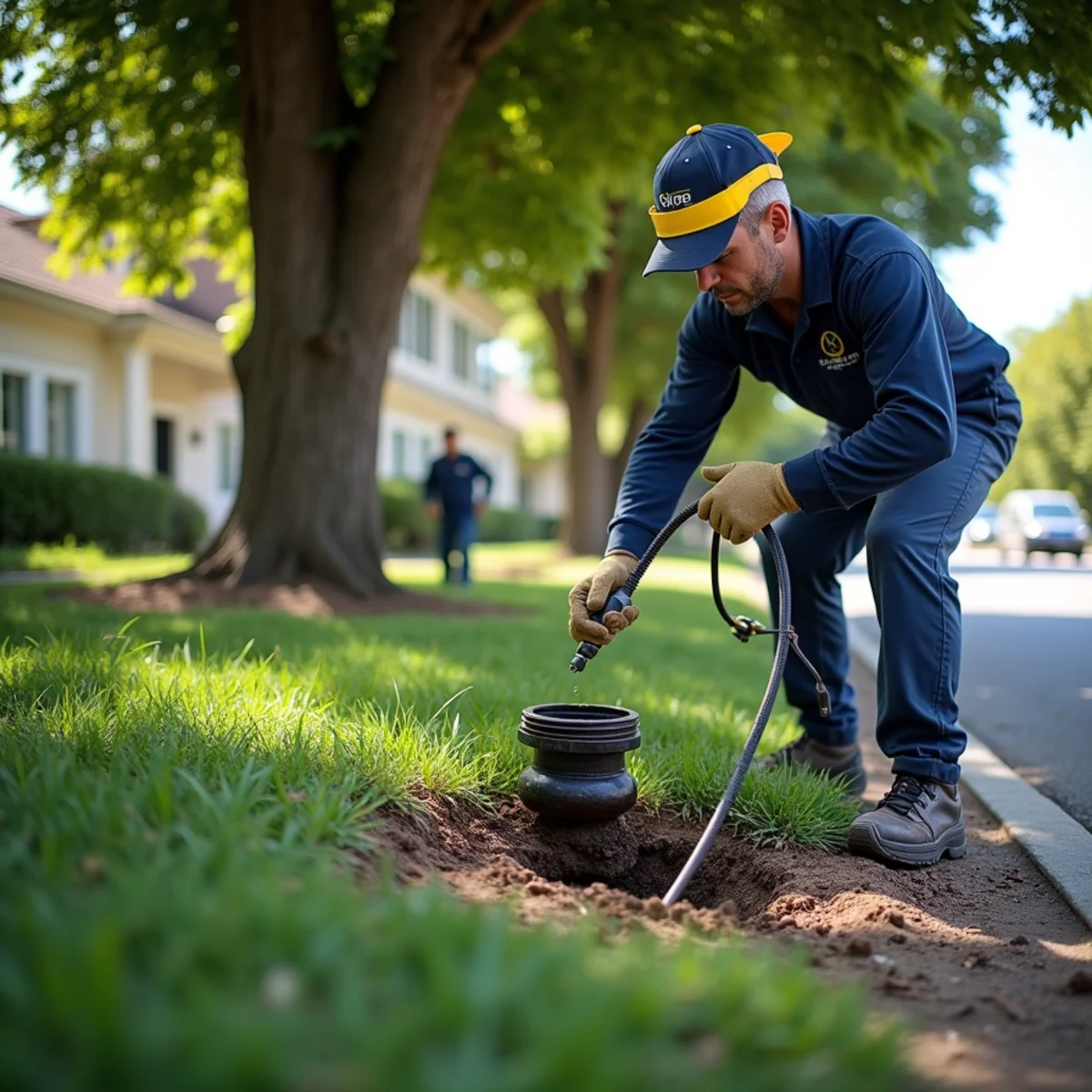 Sewer clean-out access beneath mature canopy in Chapman Woods