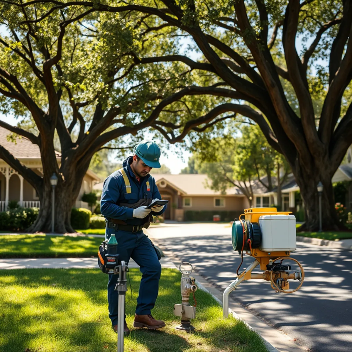 Sewer lateral inspection under mature trees in Chapman Woods, Fullerton, CA