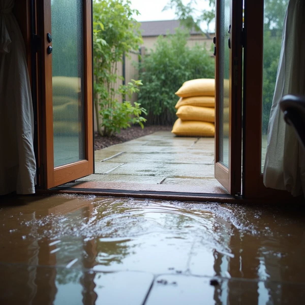 Storm runoff reaching a door threshold near the Coyote Hills corridor