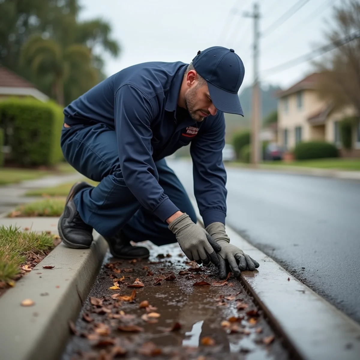 Checking street drainage before storm season in flat East Fullerton