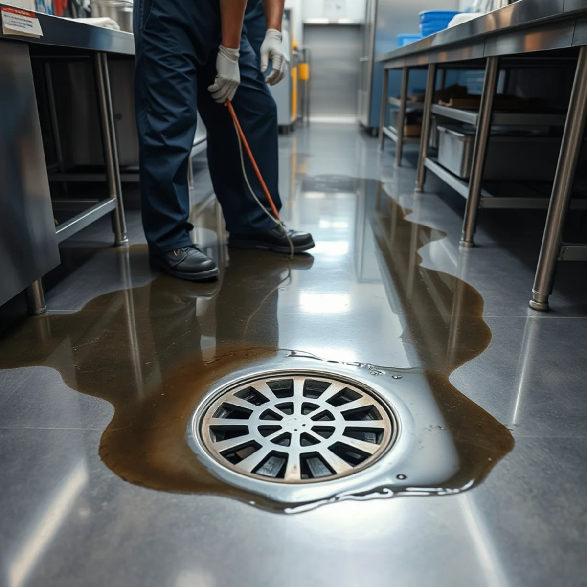 Grease-line backup at a floor drain in a Euclid corridor kitchen in Fullerton