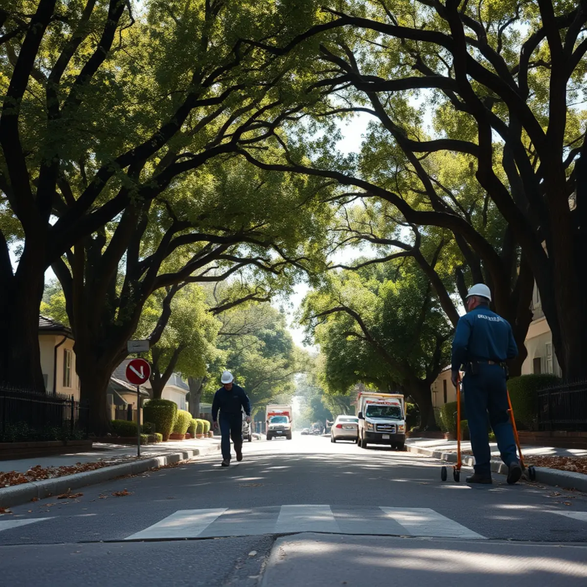 Mature street tree canopy above ageing sewer laterals in Golden Hills, Fullerton