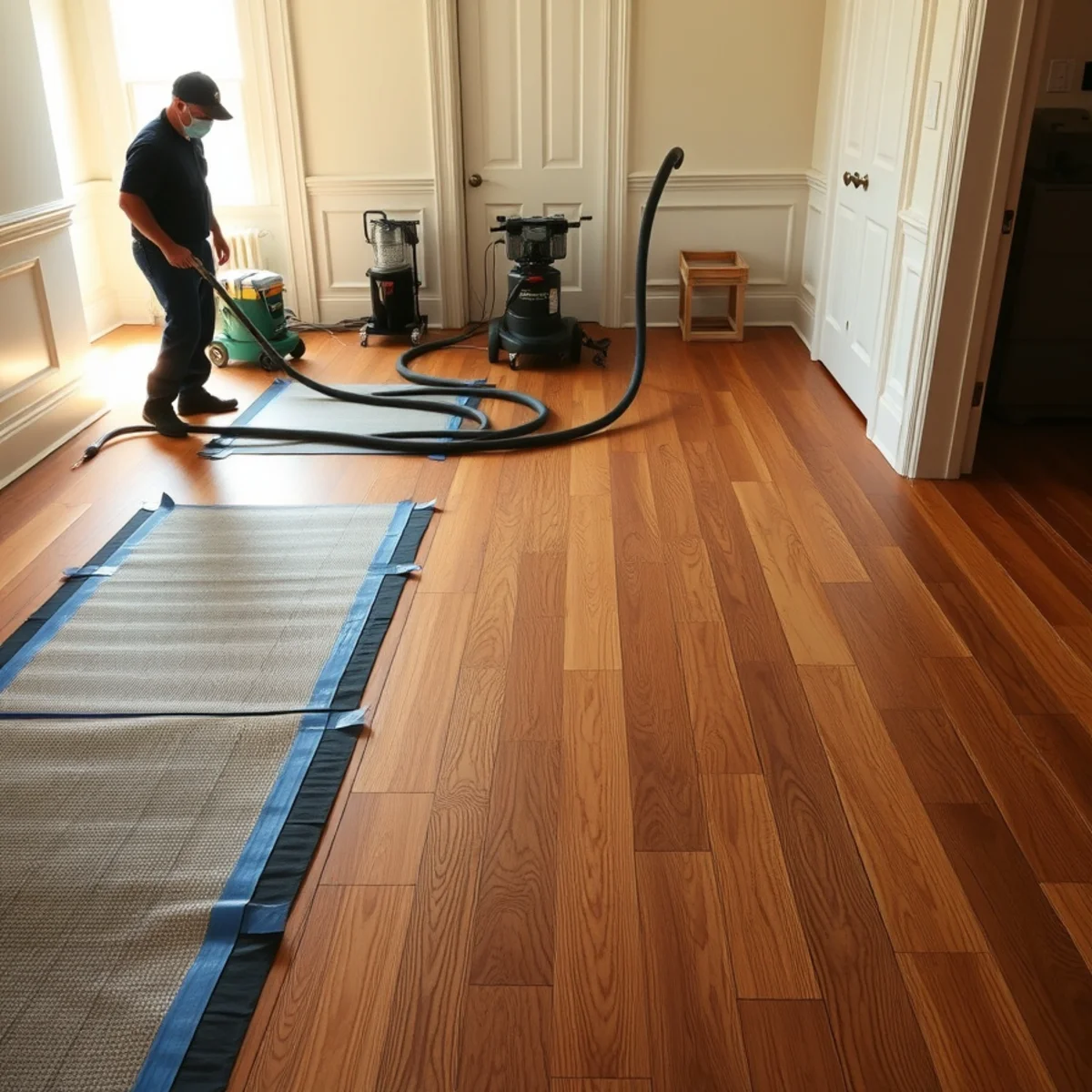 Mat drying original hardwood flooring in a Lemon Park, Fullerton home