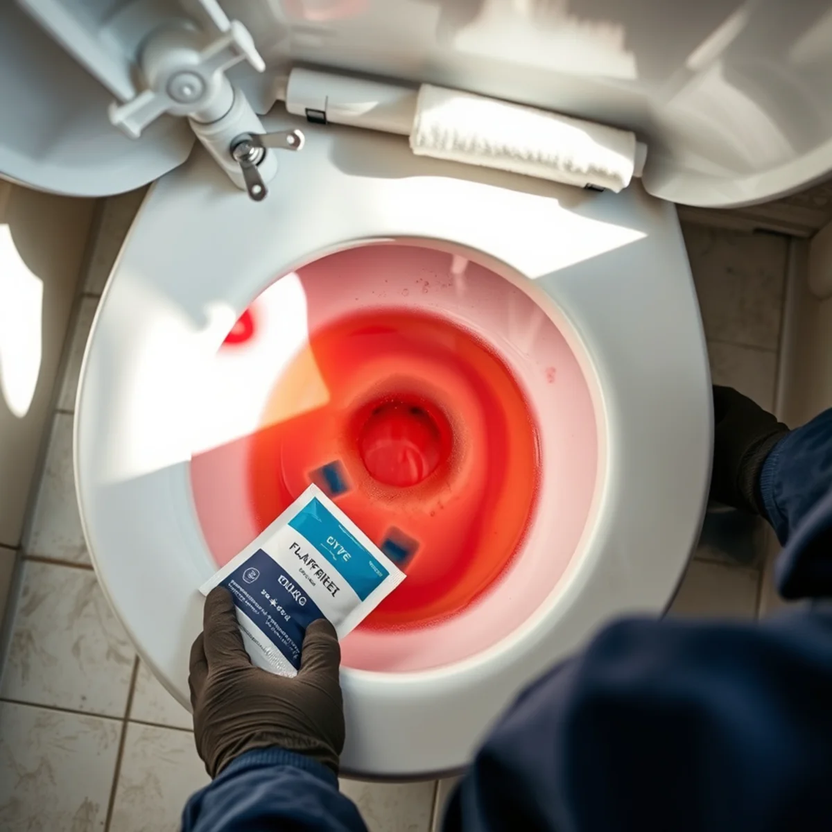 Dye testing a toilet flapper to find a silent leak in a Magnolia, Fullerton home