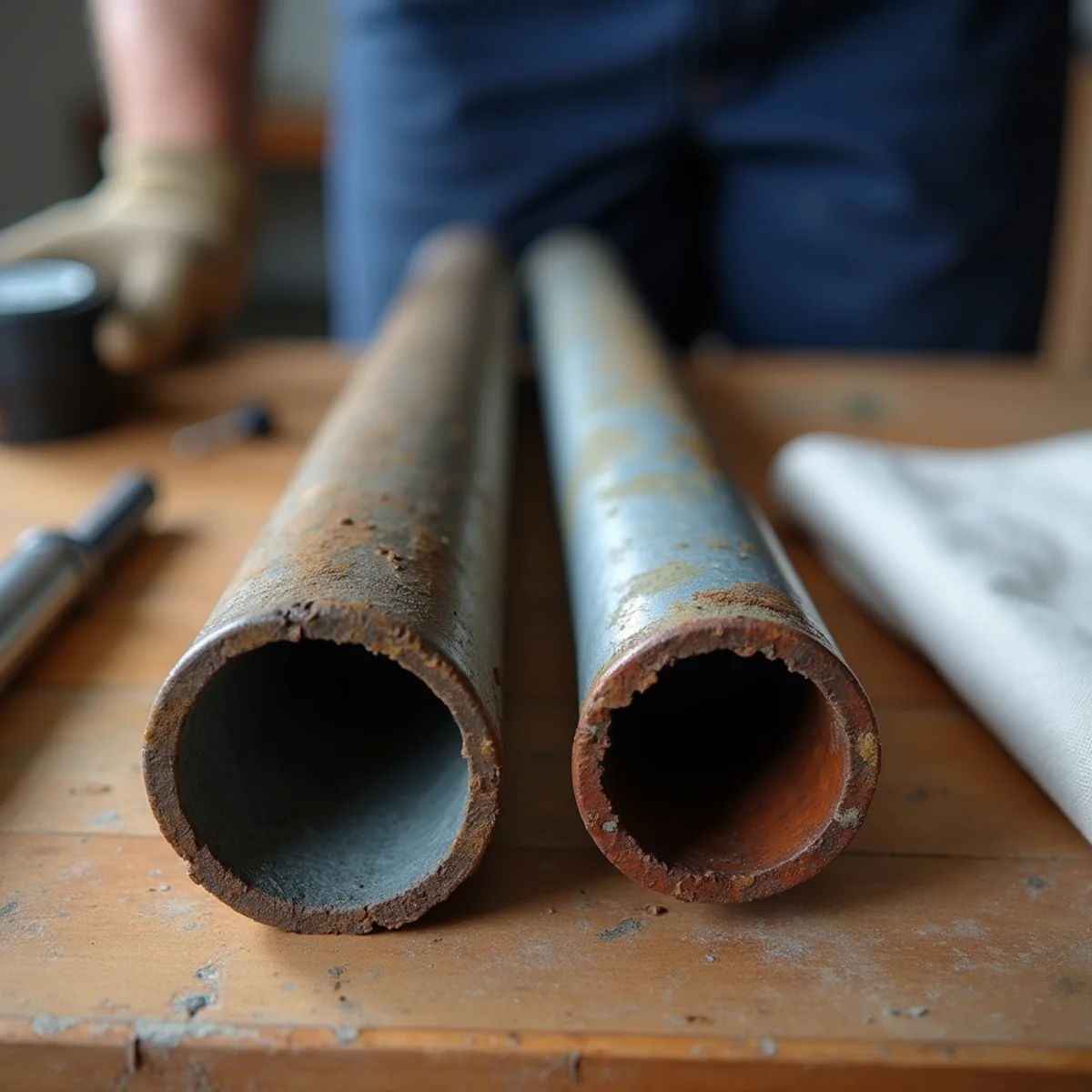Galvanized and copper pipe side by side in a North Fullerton home