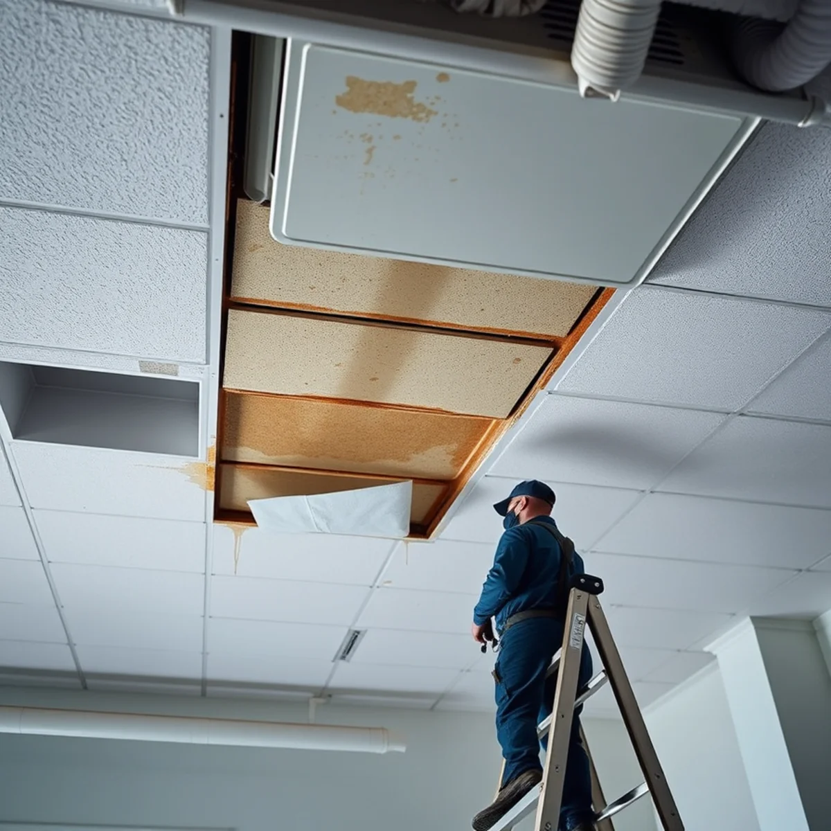 Rooftop HVAC condensate leak damaging a ceiling on Orangethorpe Ave, Fullerton