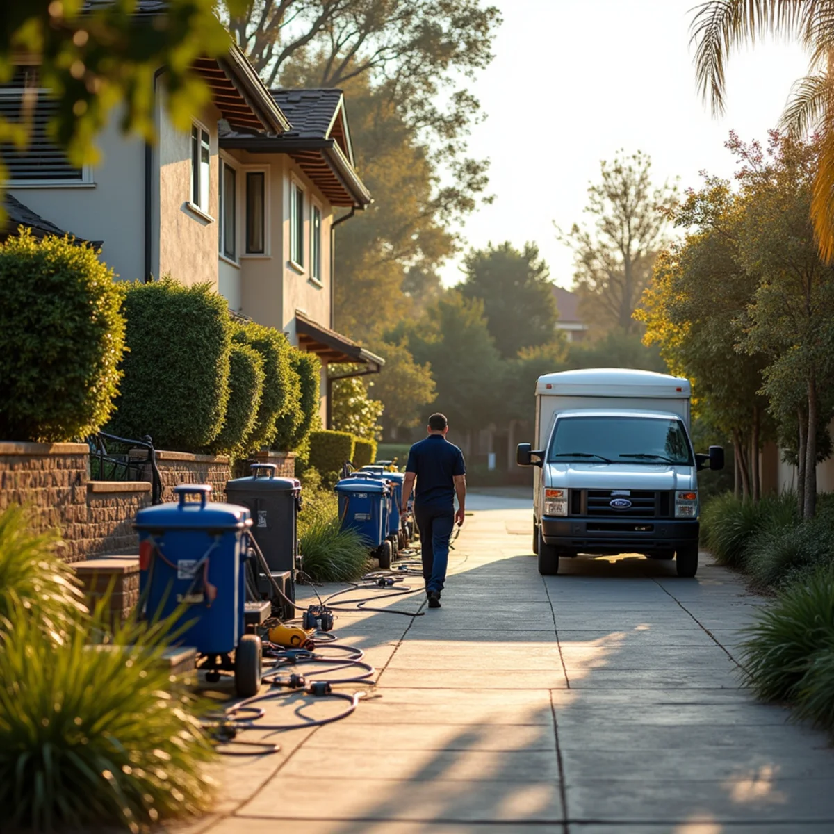 Equipment staged on a sloping Raymond Hills driveway