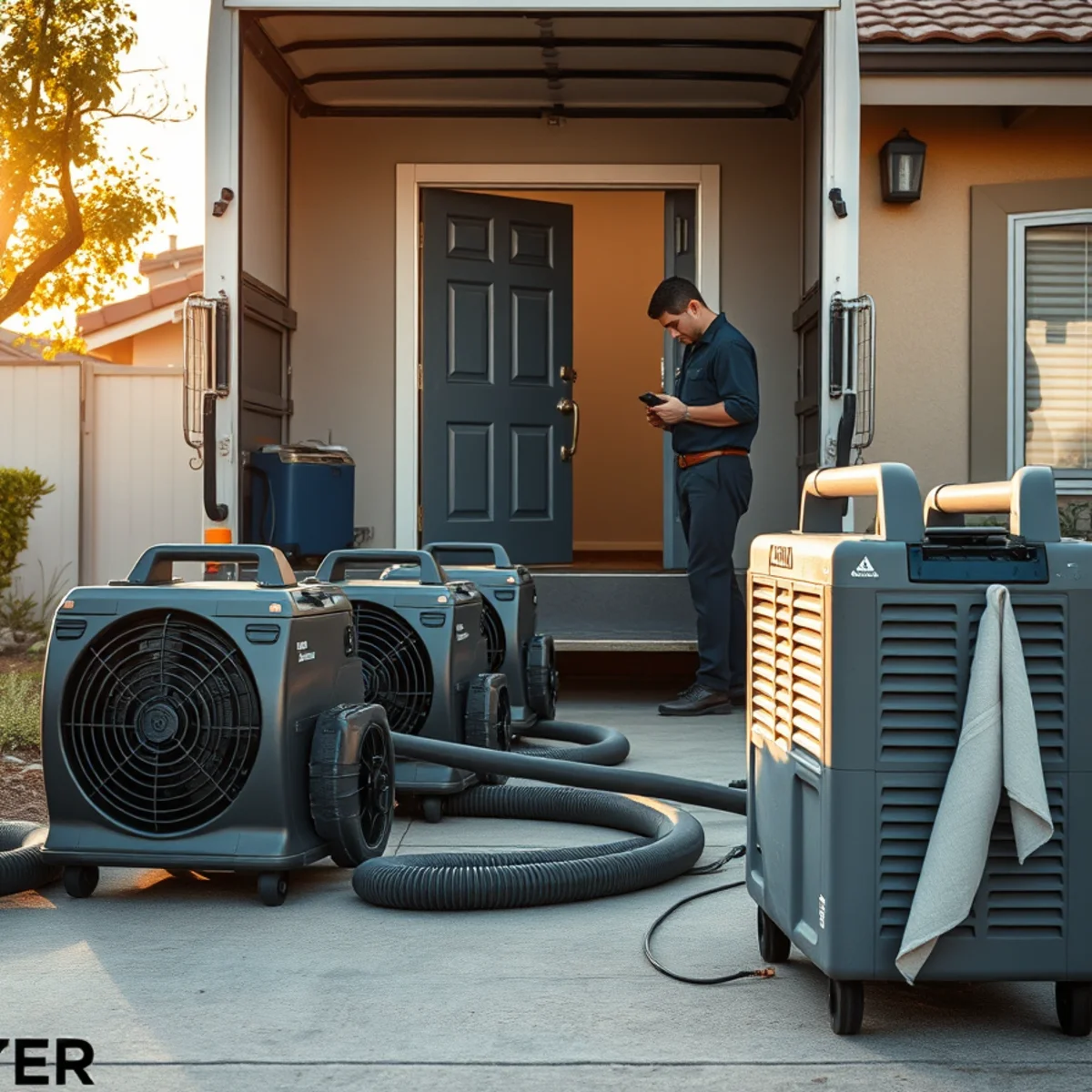 Restoration equipment staged within minutes at a Raymond Hills, Fullerton home
