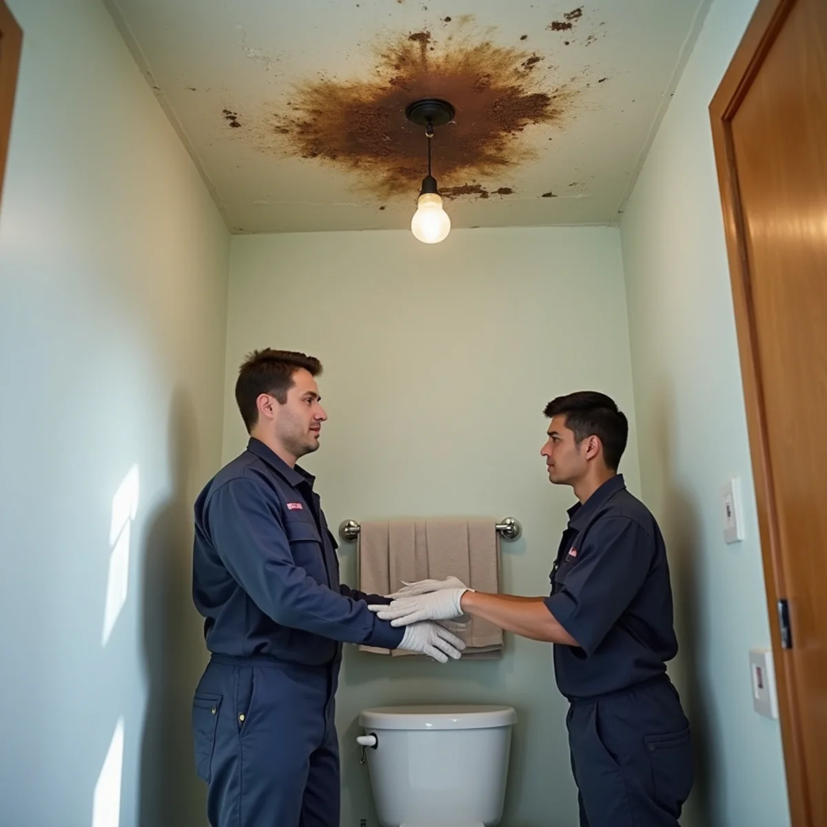 Ceiling damage below a shared bathroom in a Cal State Fullerton rental