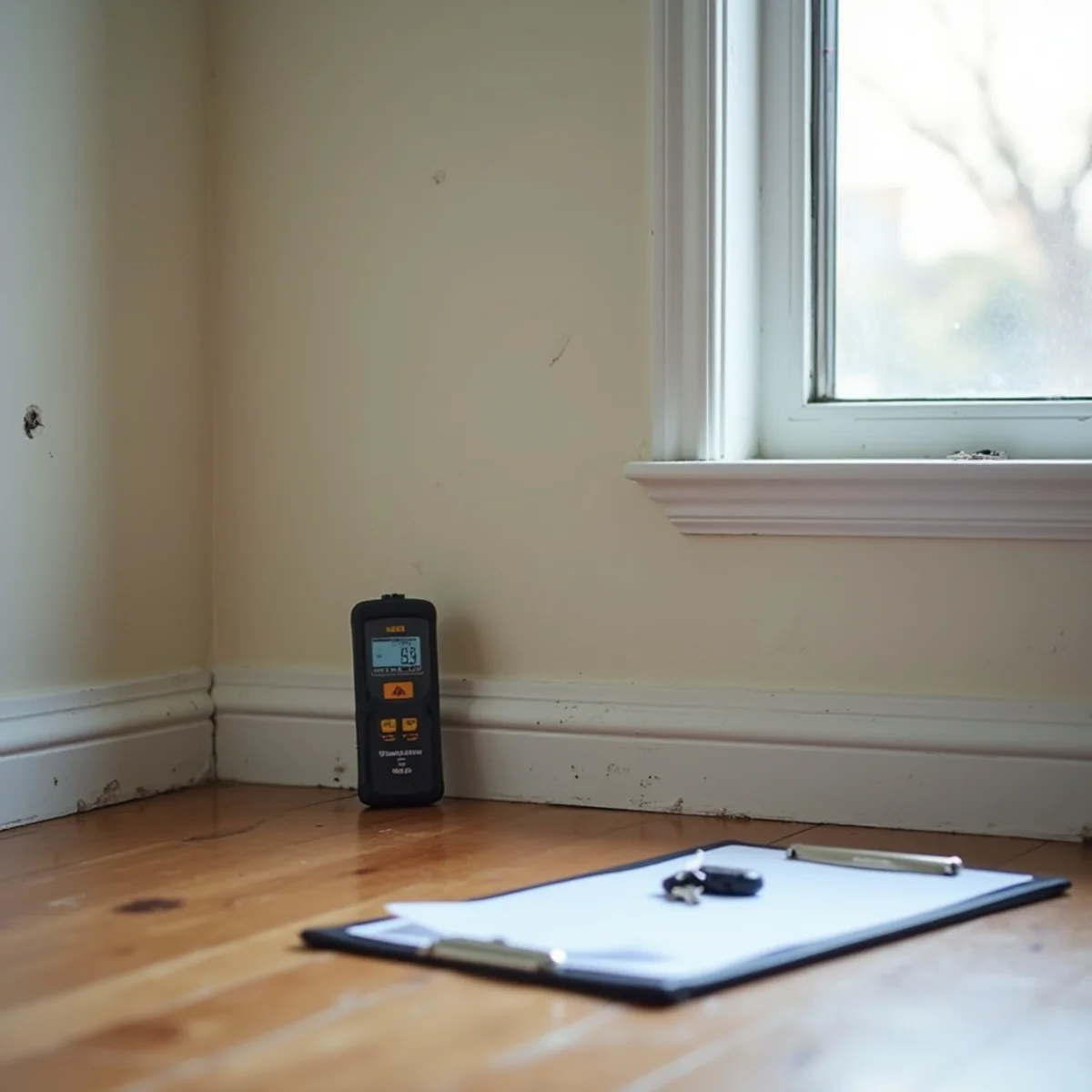 Moisture meter check during a move-out inspection near Cal State Fullerton